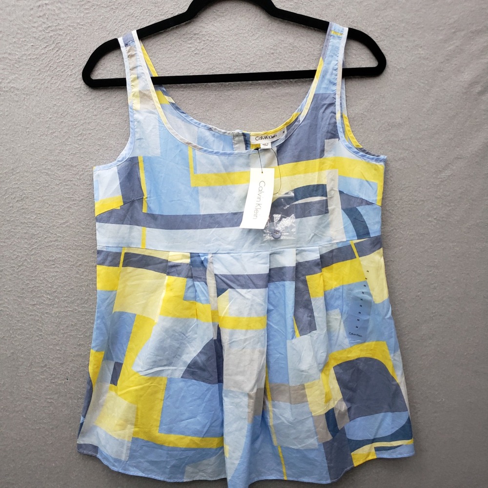 Calvin Klein Babydoll Tank Top Blue Yellow Geometric Print Coastal Casual Size M